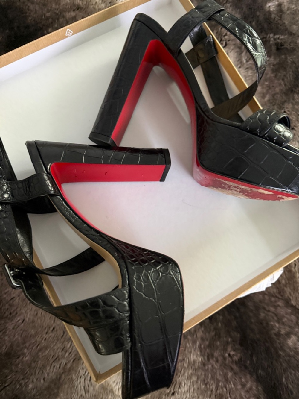 Christian Louboutin Black Croc-Embossed Leather Strappy Heels with Red Sole - Picture 2 of 4